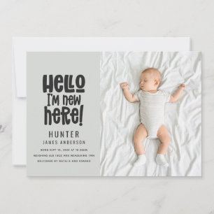 Hello, simple modern minimal photo birth announcement