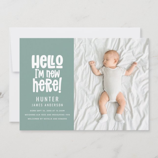 Hello, simple modern minimal photo birth announcement (Front)