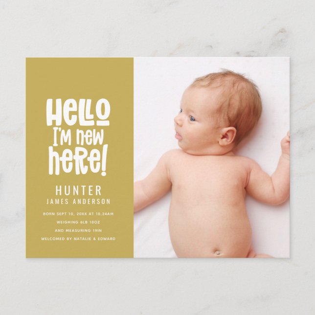 Hello, simple modern minimal photo birth holiday postcard (Front)