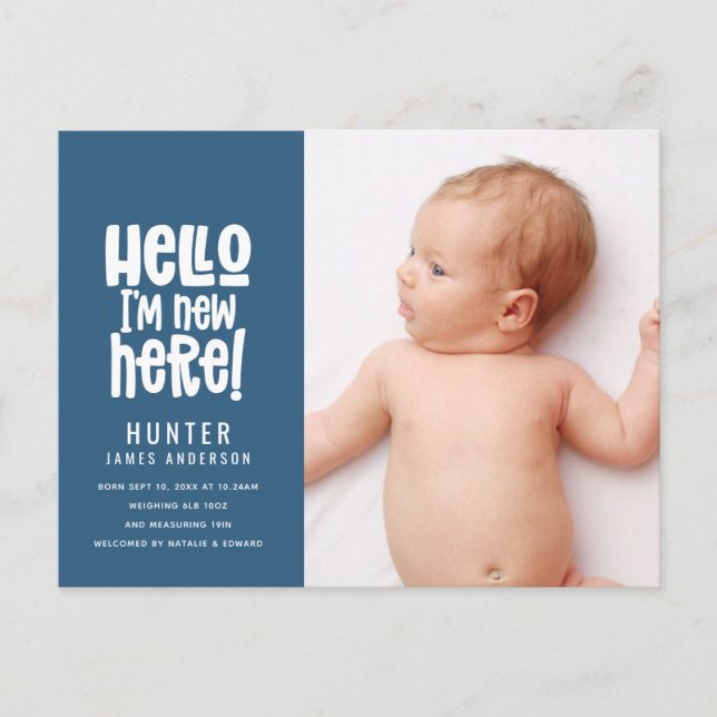 Hello, simple modern minimal photo birth holiday postcard (Front)