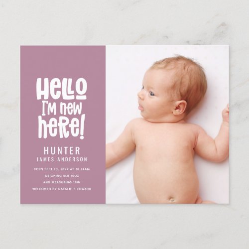 Hello simple modern minimal photo birth holiday postcard