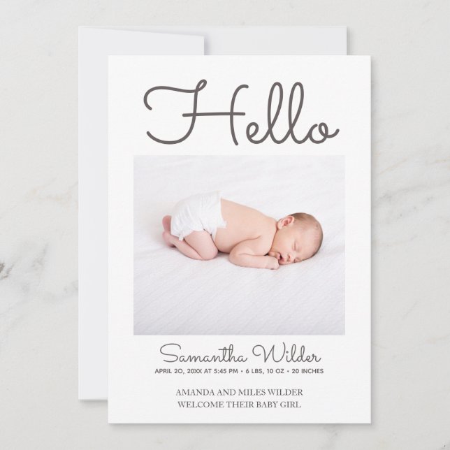 Hello Simple Modern Photo Birth Announcement (Front)