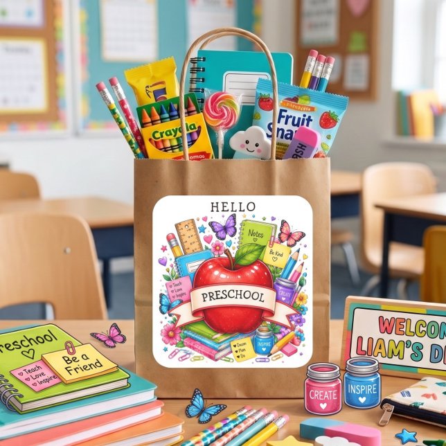 Hello Sixth Grade Retro Apple Square Sticker (Creator Uploaded)