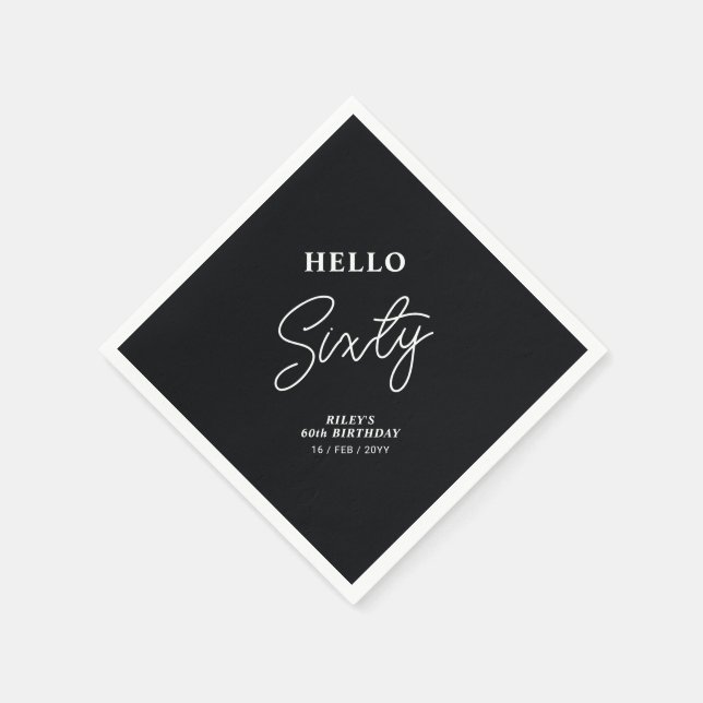 Hello Sixty | Modern Black 60th Birthday Party Napkins (Corner)