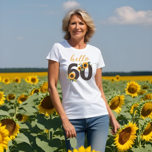 Hello Sixty Womens Tee Shirt with Sunflowers