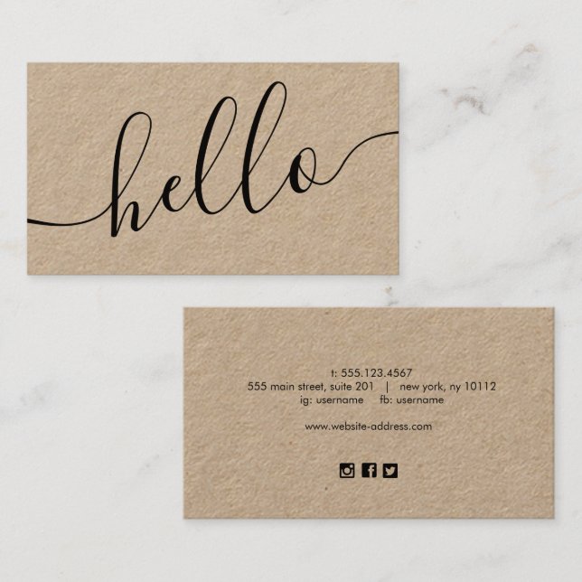 HELLO Social Media Icons Networking  Kraft  Business Card (Front/Back)