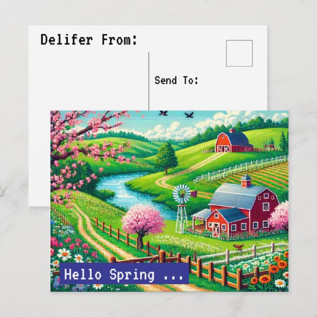 Hello Spring - 16-Bit Pixel Art Countryside Postca Holiday Postcard (Front/Back)