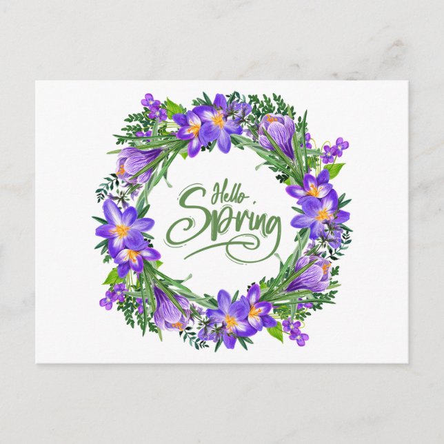 Hello Spring Beautiful Floral Wreath Postcard (Front)