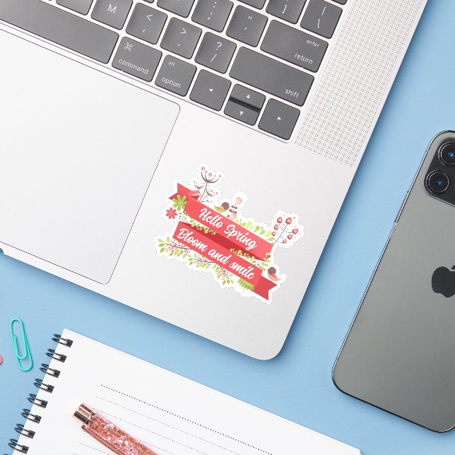 Hello Spring, Bloom and smile Sticker (Laptop w/ iPhone)