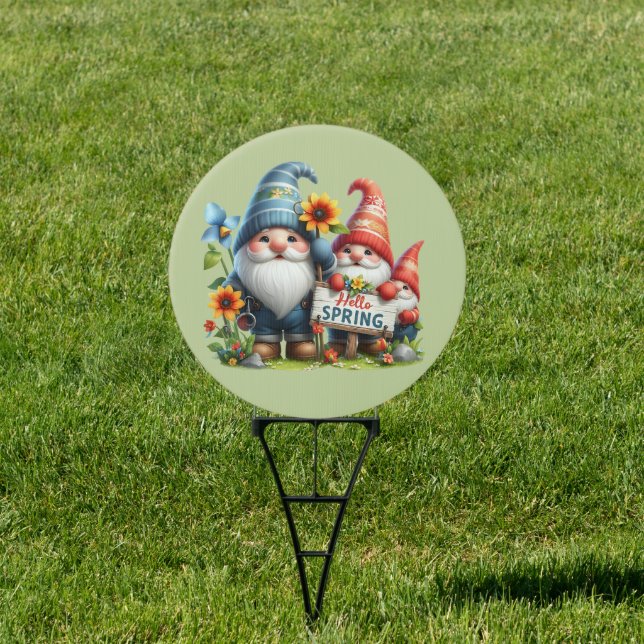 Hello Spring Blue Gnome Family  Sign (Insitu)