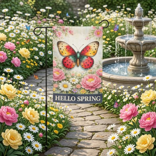 Hello Spring Butterfly Floral Art Garden Flag