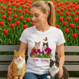 Hello Spring Cats in Tulip Flower Garden  T-Shirt