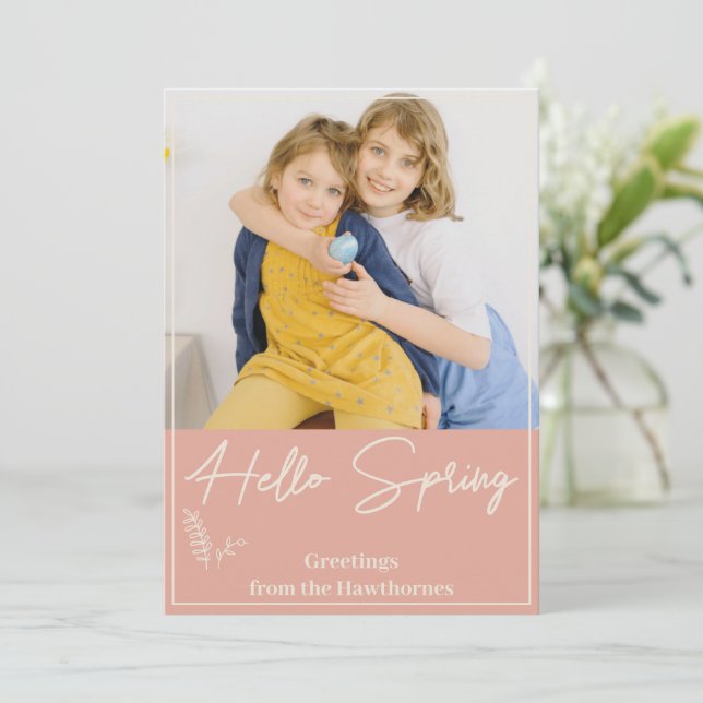 "Hello Spring" chic soft apricot custom Photo Holiday Card (Standing Front)