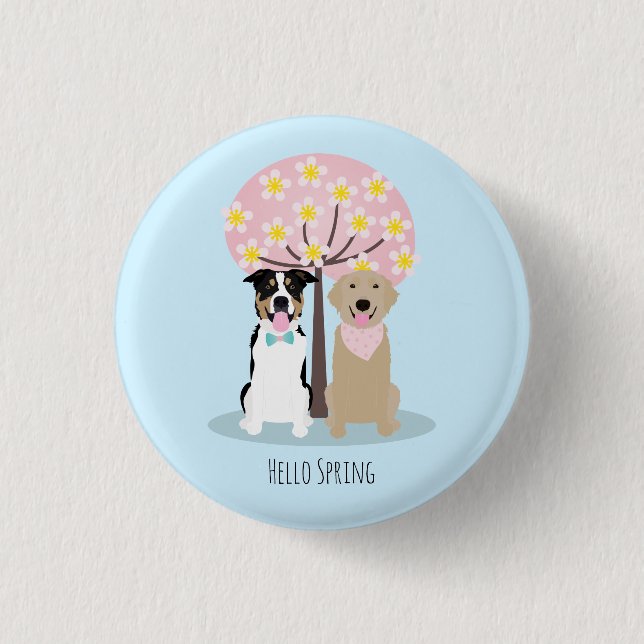 Hello Spring Dogs By Cherry Blossom Tree Button (Front)
