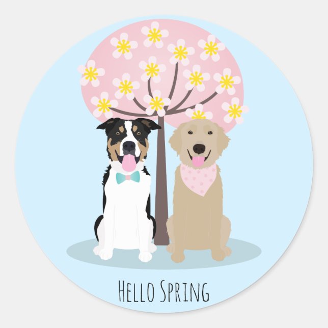 Hello Spring Dogs By Cherry Blossom Tree  Classic Round Sticker (Front)