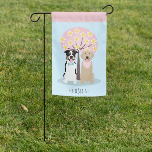 Hello Spring Dogs By Cherry Blossom Tree Garden Flag