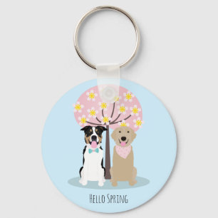 Hello Spring Dogs By Cherry Blossom Tree Keychain