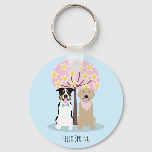 Hello Spring Dogs By Cherry Blossom Tree Keychain (Front)