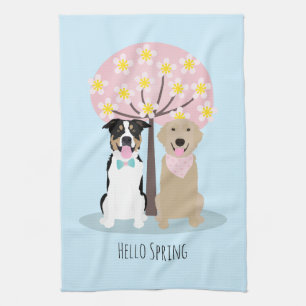 Hello Spring Dogs By Cherry Blossom Tree Kitchen Towel