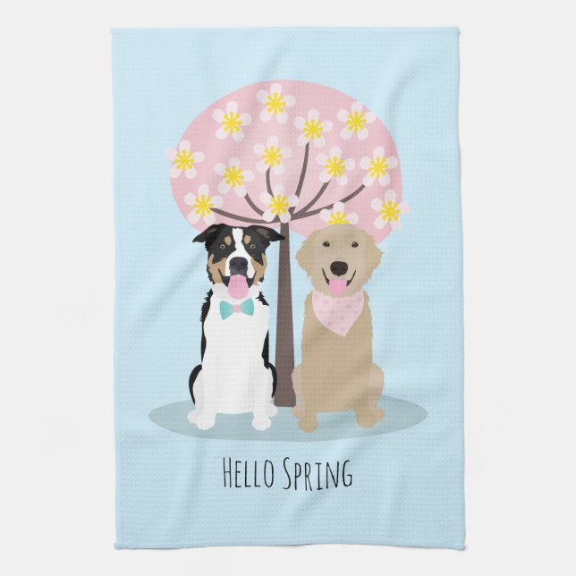 Hello Spring Dogs By Cherry Blossom Tree Kitchen Towel (Vertical)