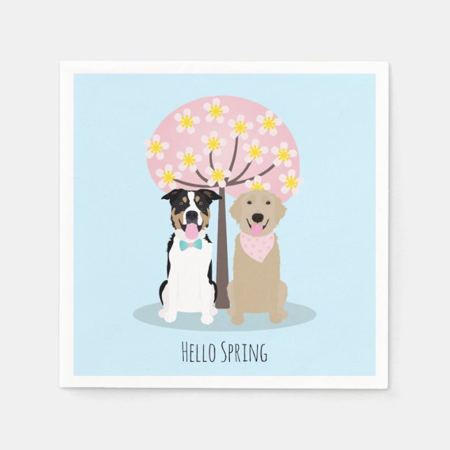 Hello Spring Dogs By Cherry Blossom Tree Napkins (Front)