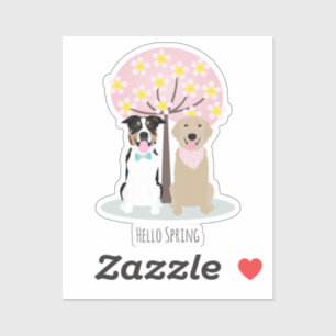 Hello Spring Dogs By Cherry Blossom Tree Pink Sticker