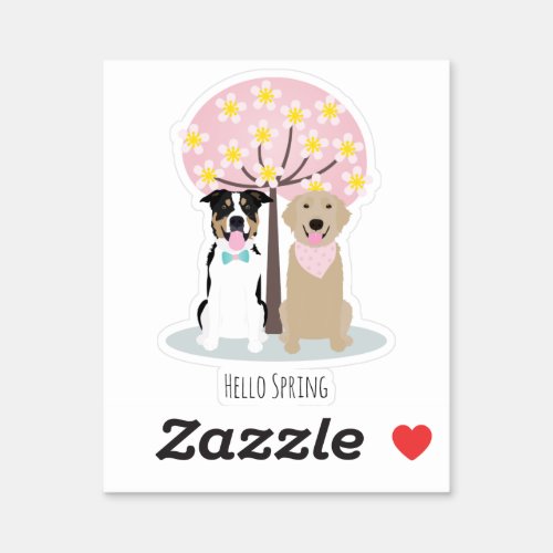 Hello Spring Dogs By Cherry Blossom Tree Pink Sticker
