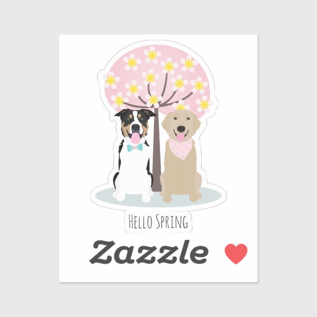 Hello Spring Dogs By Cherry Blossom Tree Pink Sticker (Sheet)