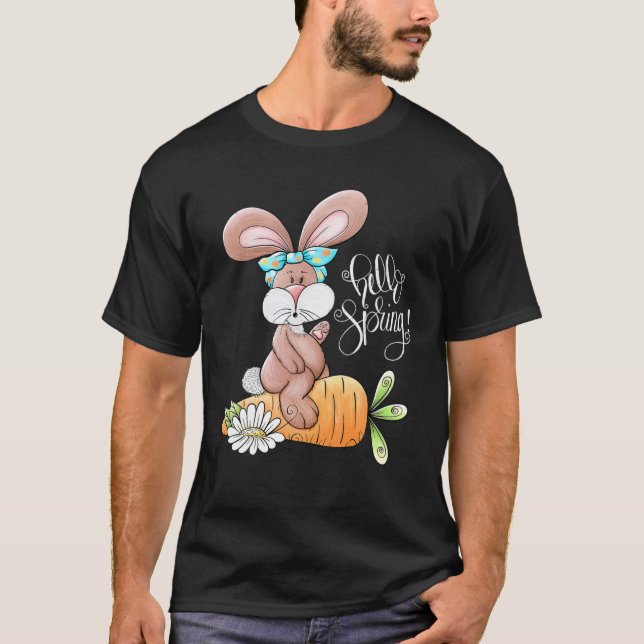 Hello Spring Easter Bunny Rabbit Messy Bun Carrot T-Shirt (Front)