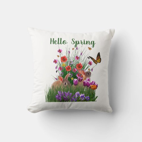 Hello Spring Easter Rabbits and Flower Garden  Throw Pillow
