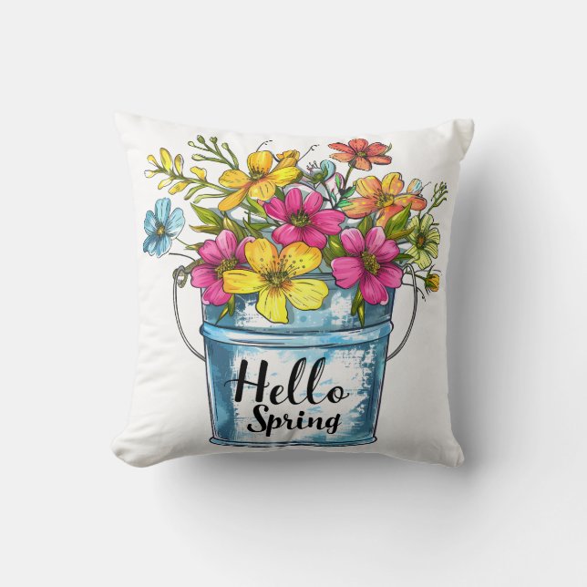 Hello Spring Floral Bucket Throw Pillow (Front)
