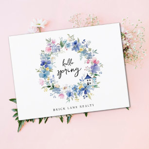 Hello Spring Floral House Wreath Real Estate Postcard
