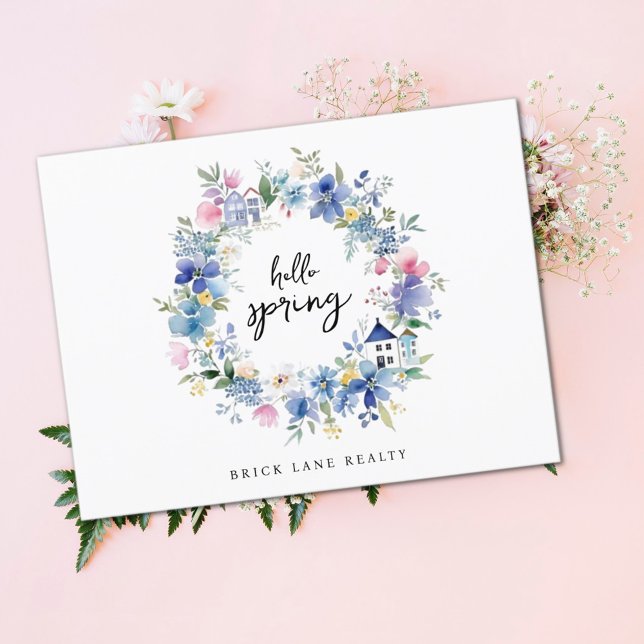 Hello Spring Floral House Wreath Real Estate  Postcard (Hello Spring Real Estate Postcard)