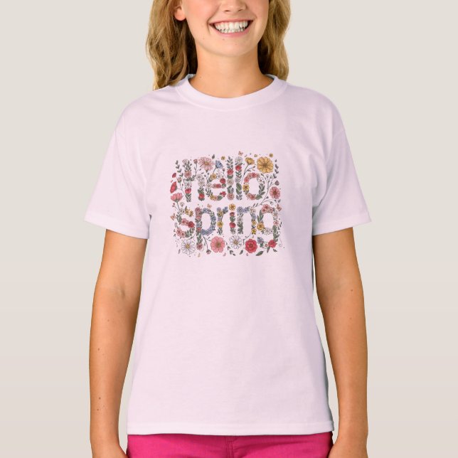 Hello Spring – Floral Lettering Design T-Shirt (Front)