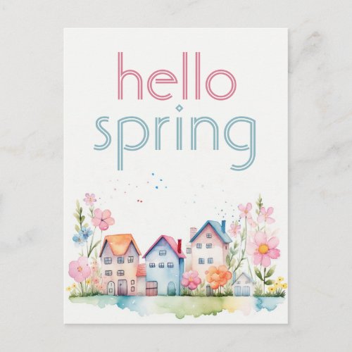 Hello Spring Floral Watercolor House Promotional  Postcard