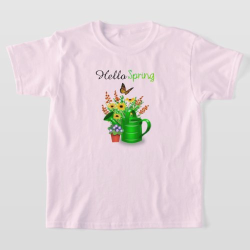 Hello Spring Flower Garden Girls Pink  T_Shirt