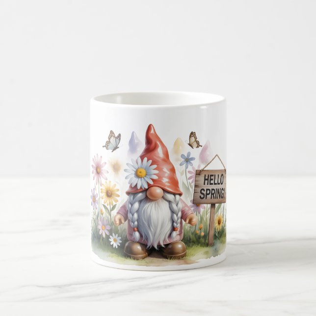 Hello Spring Garden Gnome: Cute Gnome with Braids Coffee Mug (Center)