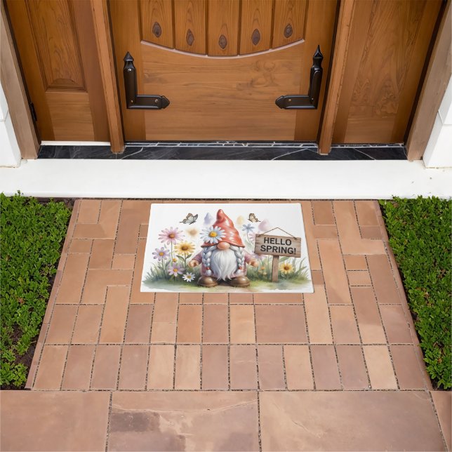 Hello Spring Garden Gnome: Cute Gnome with Braids Doormat (Outdoor)