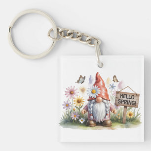 Hello Spring Garden Gnome: Cute Gnome with Braids Keychain