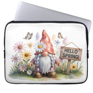 Hello Spring Garden Gnome: Cute Gnome with Braids Laptop Sleeve