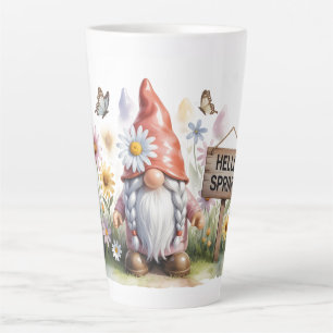 Hello Spring Garden Gnome: Cute Gnome with Braids Latte Mug