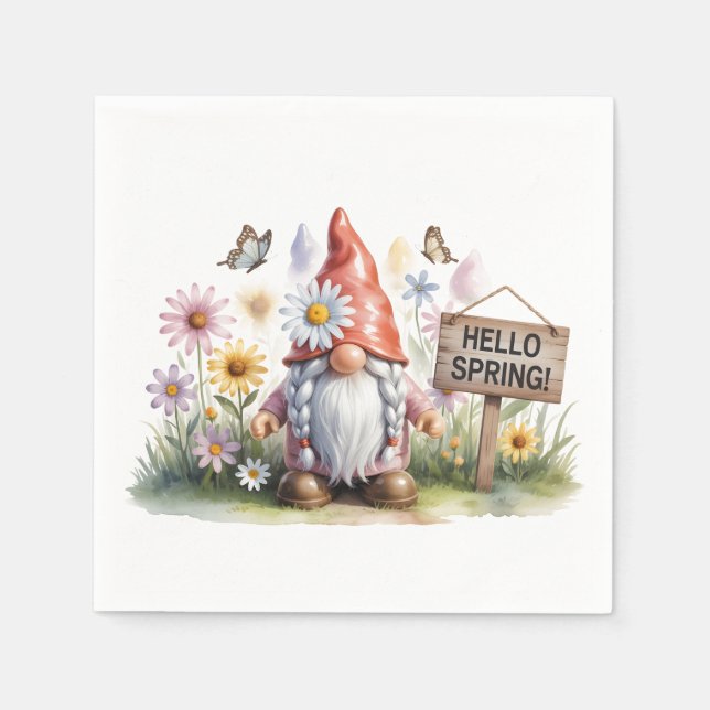Hello Spring Garden Gnome: Cute Gnome with Braids Napkins (Front)