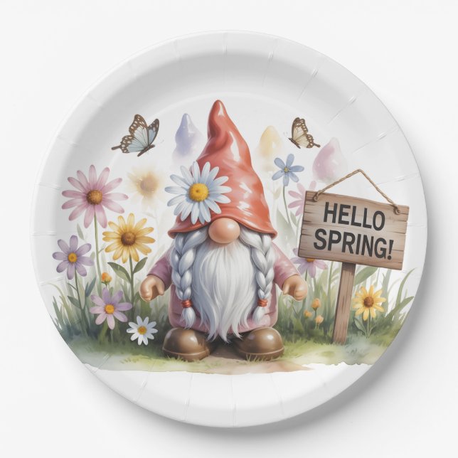 Hello Spring Garden Gnome: Cute Gnome with Braids Paper Plates (Front)