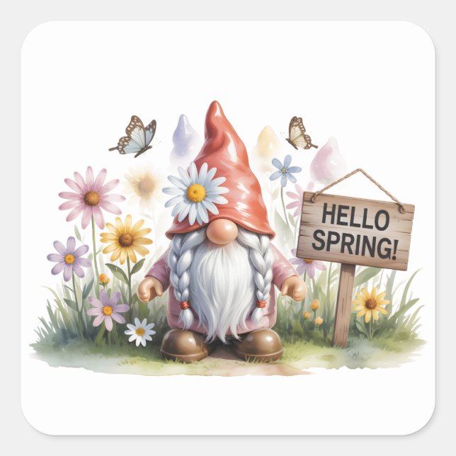 Hello Spring Garden Gnome: Cute Gnome with Braids Square Sticker (Front)