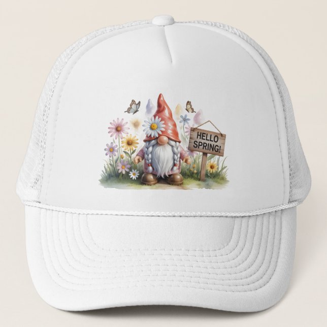 Hello Spring Garden Gnome: Cute Gnome with Braids Trucker Hat (Front)