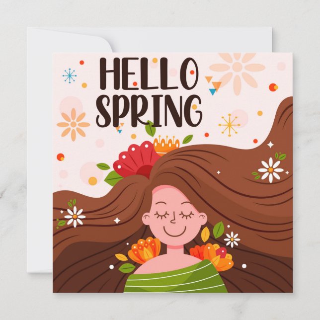 Hello Spring Girl Flowers Greeting  Card (Front)