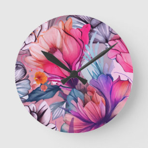 Hello Spring Happiness Time, Floral Pink Butterfly Round Clock