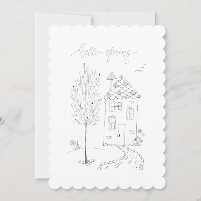 Hello Spring Ink Drawing Holiday Card (Front)