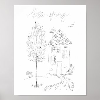 Hello Spring Ink Drawing Poster | Zazzle