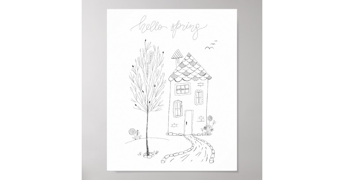 Hello Spring Ink Drawing Poster | Zazzle